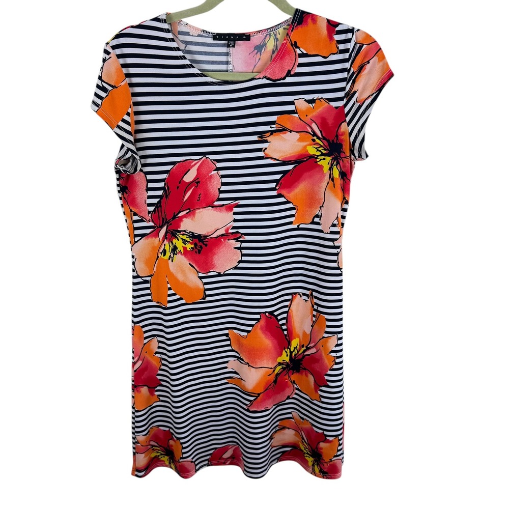 Tiana B. Womens Black White Stripe Floral Print Short Sleeve Casual Dress M